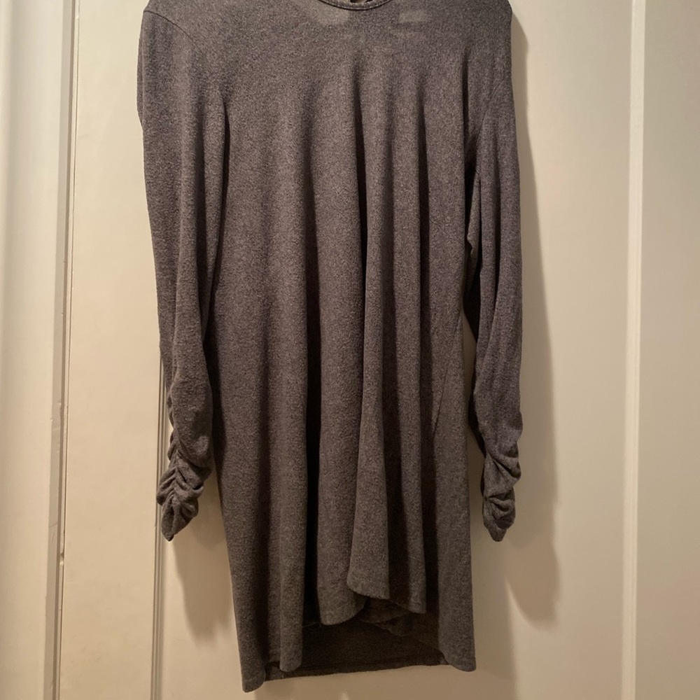 impeccable pig grey long sleeve mini dress. runched sleeves with tie in back